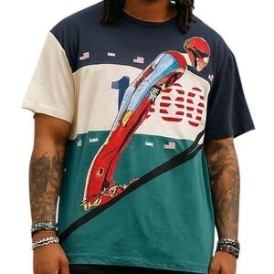 AKOO Mens 5XL Skiing Graphic T Shirt Multicolor 1980 USA‎ Flag Print